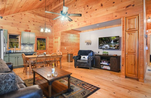 Ellijay Cabin | Backyard stream, Oversize Deck, close to town: Firepit, Hot tub, Games!