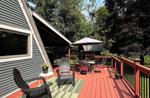 Waterbury House | On the River A-Frame. Cozy 4 season river, lake and ski retreat.