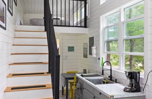 Johnson Cabin | Riverside Luxury Tiny House w/Treehouse Sauna, Hot Tub & Views Near Stowe