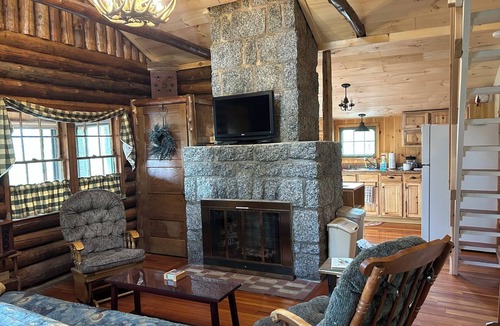 Lucerne-in-Maine Cabin | Spacious 2-bedroom log cabin in tranquil Dedham, Maine with AC.
