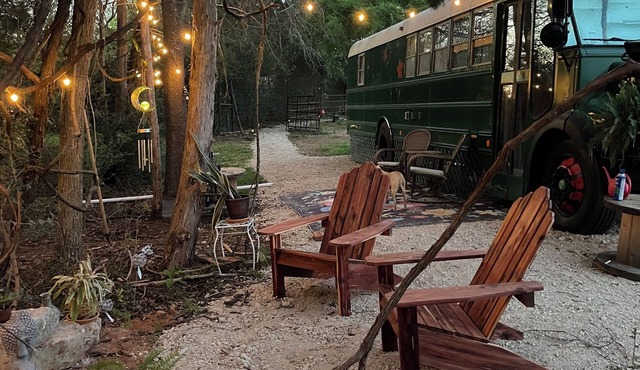 Luxury skoolie conversion in the Pineywoods with access to farm & pool.